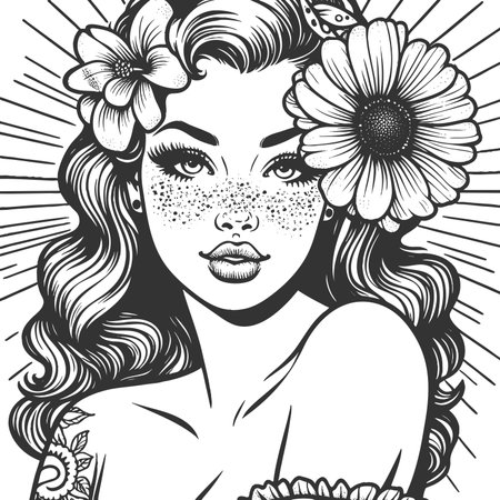 beautiful young woman with retro curls, flower in her hr, and sunburst background detl sketch engraving fictional character raster illustration. Scratch board. Black and white image.の写真素材