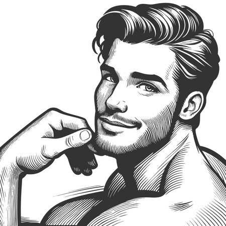 smiling man with styled hr, symbolizing charm, confidence, and classic masculinity sketch engraving fictional character raster illustration. Scratch board. Black and white image.の写真素材