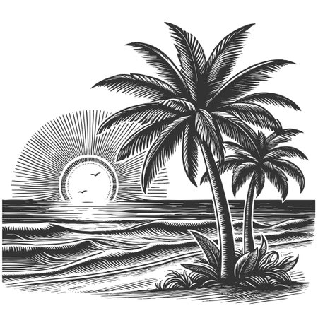 tropical beach scene featuring tall palm trees, ocean waves, and distant clouds in retro style sketch engraving vector illustration. Scratch board imitation. Black and white image.のイラスト素材