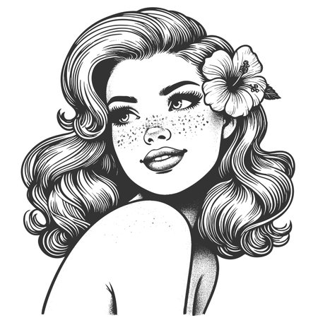 beautiful freckled woman with wavy hr and a hibiscus flower sketch engraving fictional character raster illustration. Scratch board imitation. Black and white image.の写真素材
