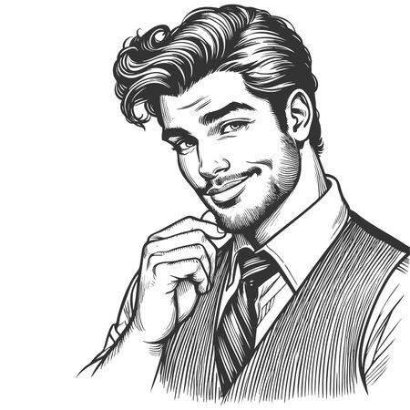 smiling man with styled hr, wearing a vest and tie in a charming retro fashion sketch engraving fictional character raster illustration. Scratch board imitation. Black and white image.の写真素材