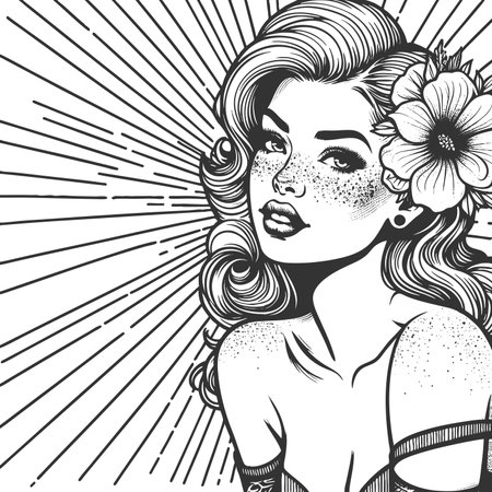 beautiful young woman with retro curls, flower in her hr, and sunburst background detl sketch engraving fictional character raster illustration. Scratch board. Black and white image.の写真素材