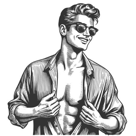 man wearing sunglasses and confidently unbuttoning his shirt with a broad smile sketch engraving fictional character raster illustration. Scratch board imitation. Black and white image.の写真素材