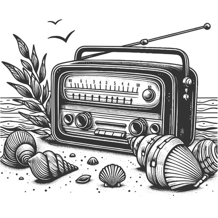 retro radio on the beach surrounded by seashells, sand, and seaweed, evoking nostalgic summer vibes sketch engraving raster illustration. Scratch board imitation. Black and white image.の写真素材