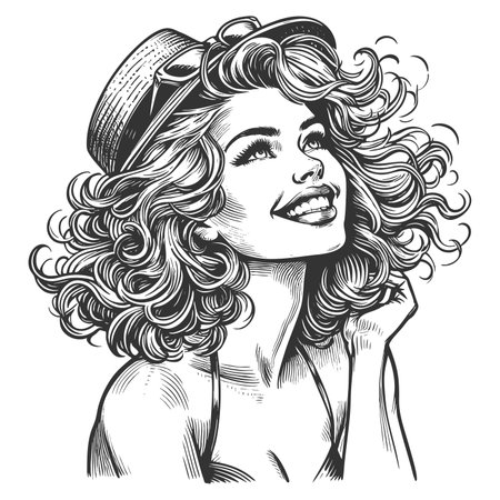 joyful woman with voluminous curly hr, wearing a sun hat and swimsuit, looking upward happily sketch engraving raster illustration. Scratch board imitation. Black and white image.の写真素材