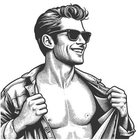 man wearing sunglasses and confidently unbuttoning his shirt with a broad smile sketch engraving fictional character raster illustration. Scratch board imitation. Black and white image.の写真素材
