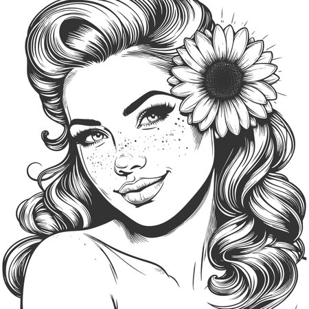 beautiful young woman with retro curls, flower in her hr, and sunburst background detl sketch engraving fictional character raster illustration. Scratch board. Black and white image.の写真素材