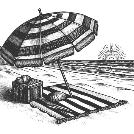 peaceful beach setup featuring a striped umbrella, picnic basket, towel, and sunset over the ocean sketch engraving raster illustration. Scratch board imitation. Black and white image.の写真素材