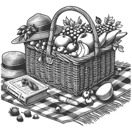 picnic basket filled with fruit, sunhat, and an open book on a checkered blanket, ideal for summer themes sketch engraving vector illustration. Scratch board imitation. Black and white.のイラスト素材