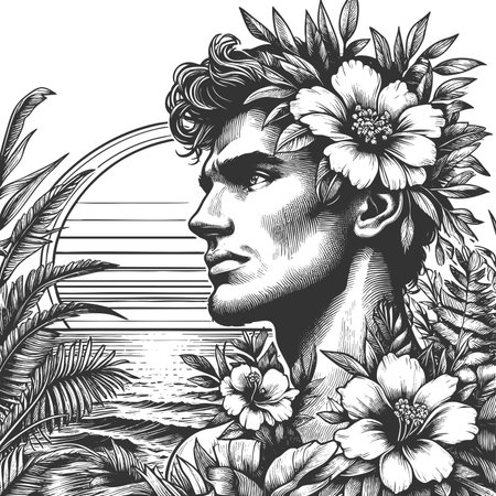 man with mustache and floral crown stands confidently by ocean during sunset, framed by palm trees and hibiscus sketch engraving raster illustration. Scratch board. Black and white.の写真素材