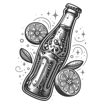soda bottle surrounded by lemon slices and fizzy bubbles, evoking refreshing summer drink vibes sketch engraving vector illustration. Scratch board imitation. Black and white image.のイラスト素材