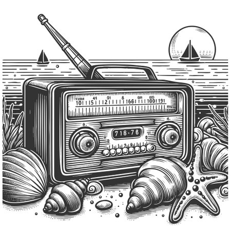 retro radio on the beach surrounded by seashells, sand, and seaweed, evoking nostalgic summer vibes sketch engraving vector illustration. Scratch board imitation. Black and white image.のイラスト素材