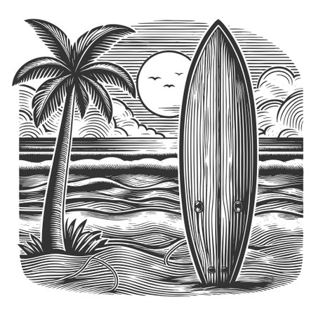 surfboard standing upright on the beach, facing the ocean with rolling waves sketch engraving vector illustration. Scratch board imitation. Black and white image.のイラスト素材