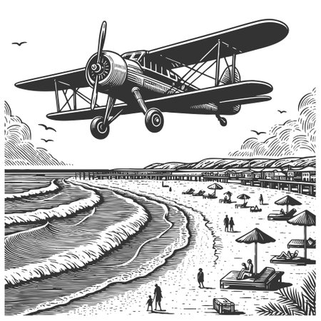 rplane soaring above a coastal landscape with palm trees, waves, and distant mountns sketch engraving vector illustration. Scratch board imitation. Black and white image.のイラスト素材