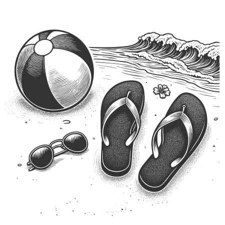 flip flops and a beach ball surrounded by pebbles, evoking summer fun and a relaxed beach vibe sketch engraving vector illustration. Scratch board imitation. Black and white image.のイラスト素材