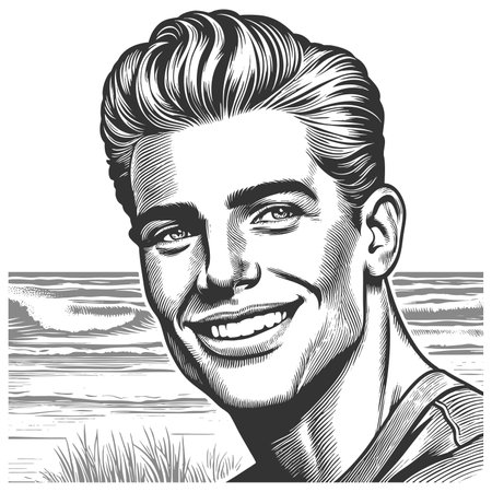 cheerful man in a suit smiling confidently near a beach at sunset with palm trees sketch engraving fictional character raster illustration. Scratch board imitation. Black and white imageの写真素材