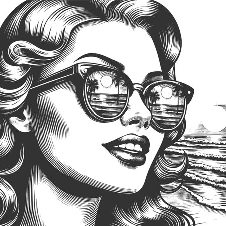 woman wearing sunglasses, reflecting a seaside view with surfers, evoking summer and relaxation sketch engraving fictional character raster illustration. Scratch board. Black and white.の写真素材