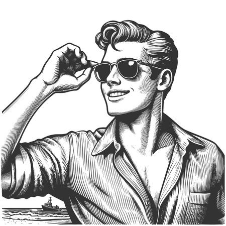 man adjusting his sunglasses, with a boat on the water in the background sketch engraving fictional character raster illustration. Scratch board imitation. Black and white image.の写真素材