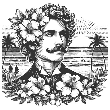 man with mustache and floral crown stands confidently by ocean during sunset, framed by palm trees and hibiscus sketch engraving raster illustration. Scratch board. Black and white.の写真素材