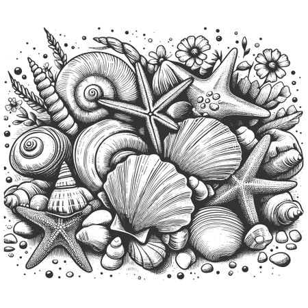 seashells, starfish, and beach elements arranged in a natural coastal composition sketch engraving vector illustration. Scratch board imitation. Black and white image.のイラスト素材