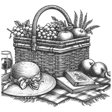picnic basket filled with fruit, sunhat, and an open book on a checkered blanket, ideal for summer themes sketch engraving raster illustration. Scratch board imitation. Black and white.の写真素材