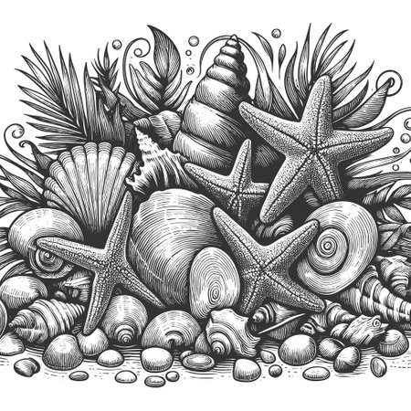 seashells, starfish, and beach elements arranged in a natural coastal composition sketch engraving vector illustration. Scratch board imitation. Black and white image.のイラスト素材