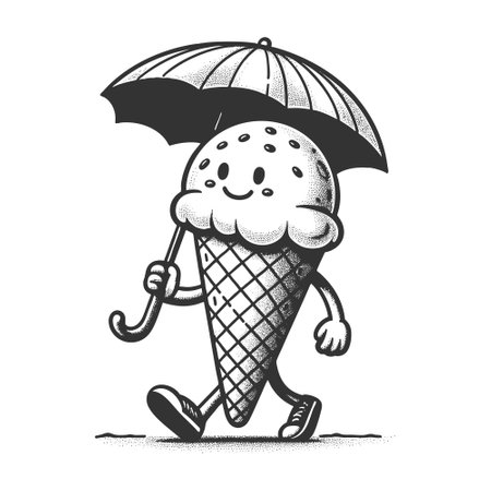 cheerful ice cream cone with arms and legs, happily walking while holding an umbrella sketch engraving vector illustration. Scratch board imitation. Black and white image.のイラスト素材
