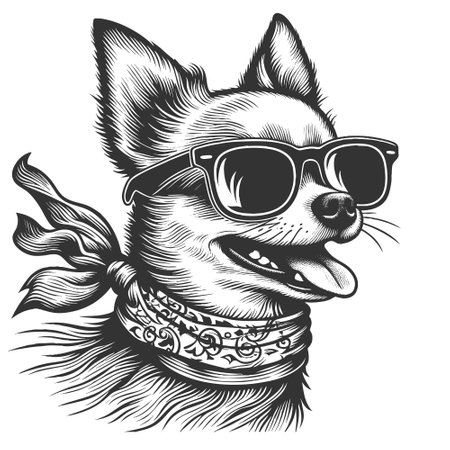 happy dog wearing sunglasses and a decorative bandana, exuding a playful, trendy vibe sketch engraving vector illustration. Scratch board imitation. Black and white image.のイラスト素材