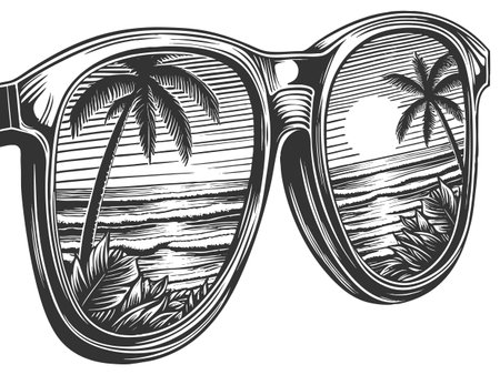 sunglasses reflecting an ocean beach sunset scene with palm trees, waves, and a warm tropical vibe sketch engraving vector illustration. Scratch board imitation. Black and white image.のイラスト素材