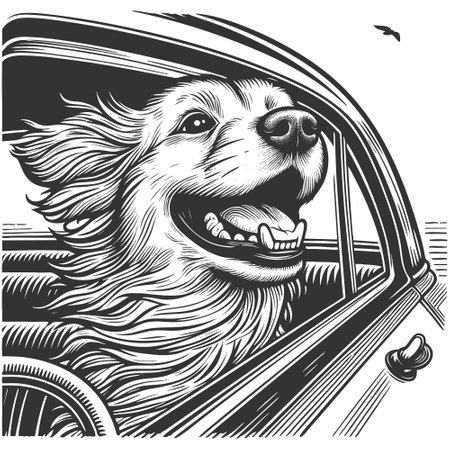 happy dog with its head out of a moving car window, fur blowing in the wind sketch engraving vector illustration. Scratch board imitation. Black and white image.のイラスト素材