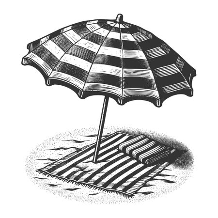 peaceful beach setup featuring a striped umbrella, picnic basket, towel, and sunset over the ocean sketch engraving vector illustration. Scratch board imitation. Black and white image.のイラスト素材