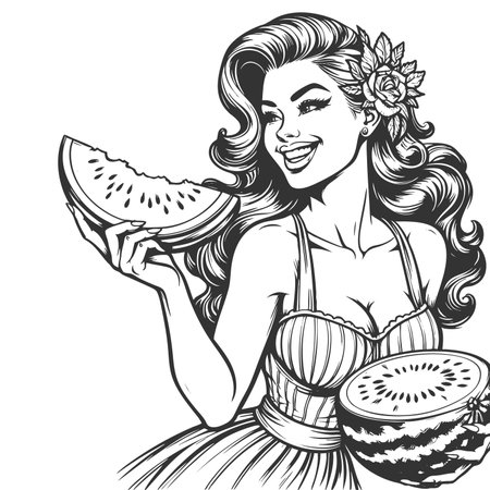 woman holding and biting a slice of watermelon, capturing carefree summer happiness and fun sketch engraving raster illustration. Scratch board imitation. Black and white image.の写真素材