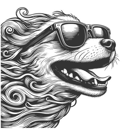 happy, long-hred dog wearing sunglasses, tongue out and wind in its fur, exuding fun and freedom sketch engraving vector illustration. Scratch board imitation. Black and white image.のイラスト素材