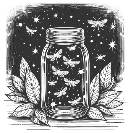 glowing fireflies inside a mason jar surrounded by leaves, with stars twinkling in the night sky sketch engraving vector illustration. Scratch board imitation. Black and white image.のイラスト素材