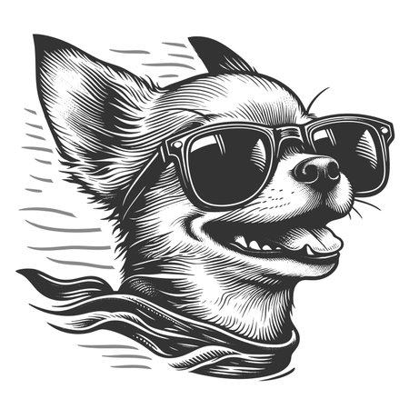happy dog wearing sunglasses and a decorative bandana, exuding a playful, trendy vibe sketch engraving raster illustration. Scratch board imitation. Black and white image.の写真素材