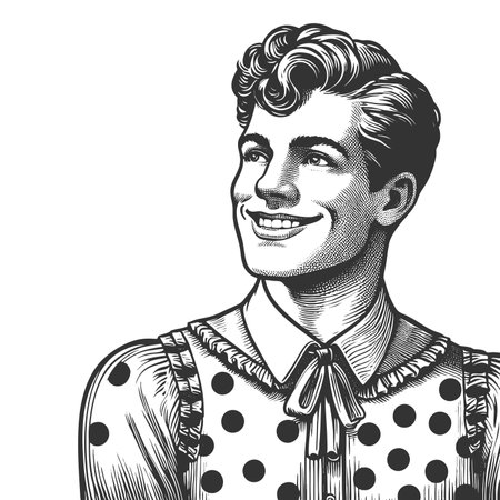 cheerful person wearing a polka dot dress with lace collar, combining retro charm with playful expression sketch engraving fictional character raster illustration. Black and white image.の写真素材