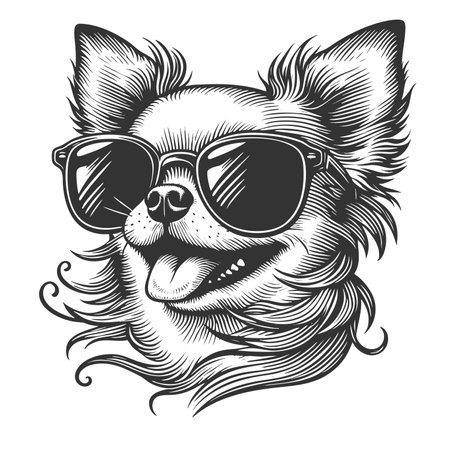 happy chihuahua wearing stylish sunglasses, exuding personality and charm with a playful vibe sketch engraving raster illustration. Scratch board imitation. Black and white image.の写真素材
