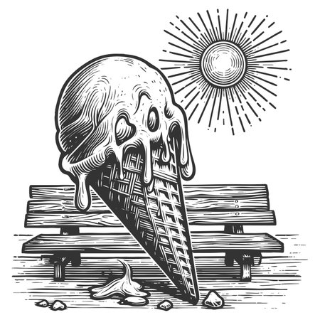 melting ice cream cone on a wooden bench under the hot sun, evoking summer heat sketch engraving raster illustration. Scratch board imitation. Black and white image.の写真素材