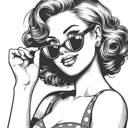 woman with classic hrstyle confidently adjusting her sunglasses, evoking glamour and charm sketch engraving raster illustration. Scratch board imitation. Black and white image.の写真素材