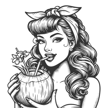 woman with flower in her hr sipping from a coconut, exotic beauty and summer vibes sketch engraving fictional character raster illustration. Scratch board imitation. Black and white.の写真素材