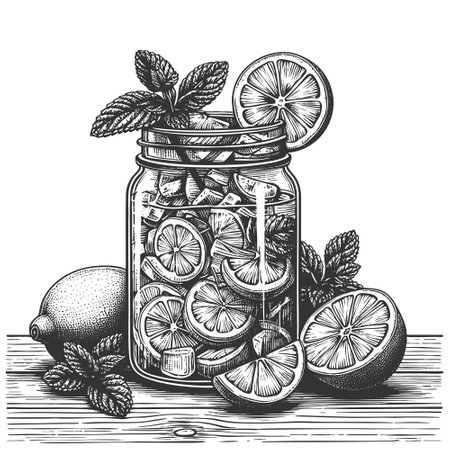 mason jar filled with lemon slices, ice cubes, and mint leaves, evoking summer freshness sketch engraving vector illustration. Scratch board imitation. Black and white image.のイラスト素材