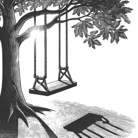 wooden swing hanging from a tree branch with detled leaves and shadow cast on the ground sketch engraving vector illustration. Scratch board imitation. Black and white image.のイラスト素材