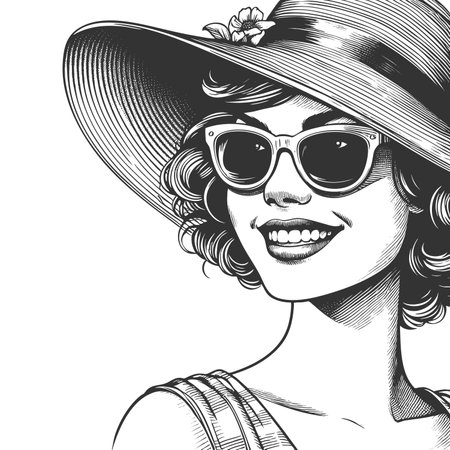 woman wearing a wide-brimmed hat and sunglasses, symbolizing summer, beauty, and carefree joy sketch engraving fictional character raster illustration. Scratch board. Black and white.の写真素材