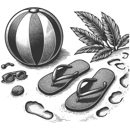 flip flops and a beach ball surrounded by pebbles, evoking summer fun and a relaxed beach vibe sketch engraving vector illustration. Scratch board imitation. Black and white image.のイラスト素材