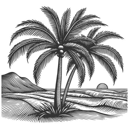 tropical beach scene featuring tall palm trees, ocean waves, and distant clouds in retro style sketch engraving raster illustration. Scratch board imitation. Black and white image.の写真素材