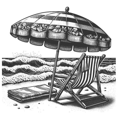 peaceful beach setup featuring a striped umbrella, picnic basket, towel, and sunset over the ocean sketch engraving vector illustration. Scratch board imitation. Black and white image.のイラスト素材