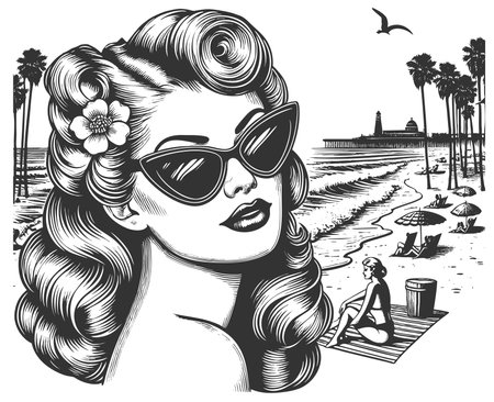sunglasses standing by a scenic beachside promenade, evoking classic California summer vibes sketch engraving raster illustration. Scratch board imitation. Black and white image.の写真素材
