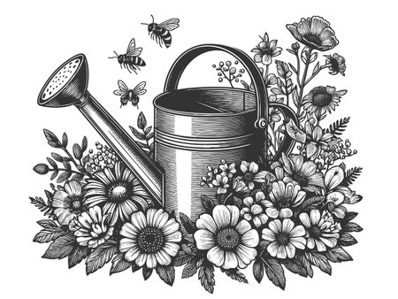 metal watering can surrounded by blooming flowers and buzzing bees, evoking a garden scene sketch engraving vector illustration. Scratch board imitation. Black and white image.のイラスト素材
