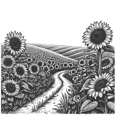 rural path lined with blooming sunflowers, fields, and dramatic clouds overhead sketch engraving vector illustration. Scratch board imitation. Black and white image.のイラスト素材