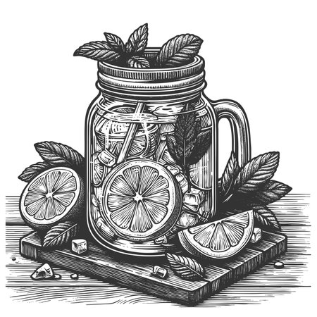 mason jar filled with lemon slices, ice cubes, and mint leaves, evoking summer freshness sketch engraving raster illustration. Scratch board imitation. Black and white image.の写真素材